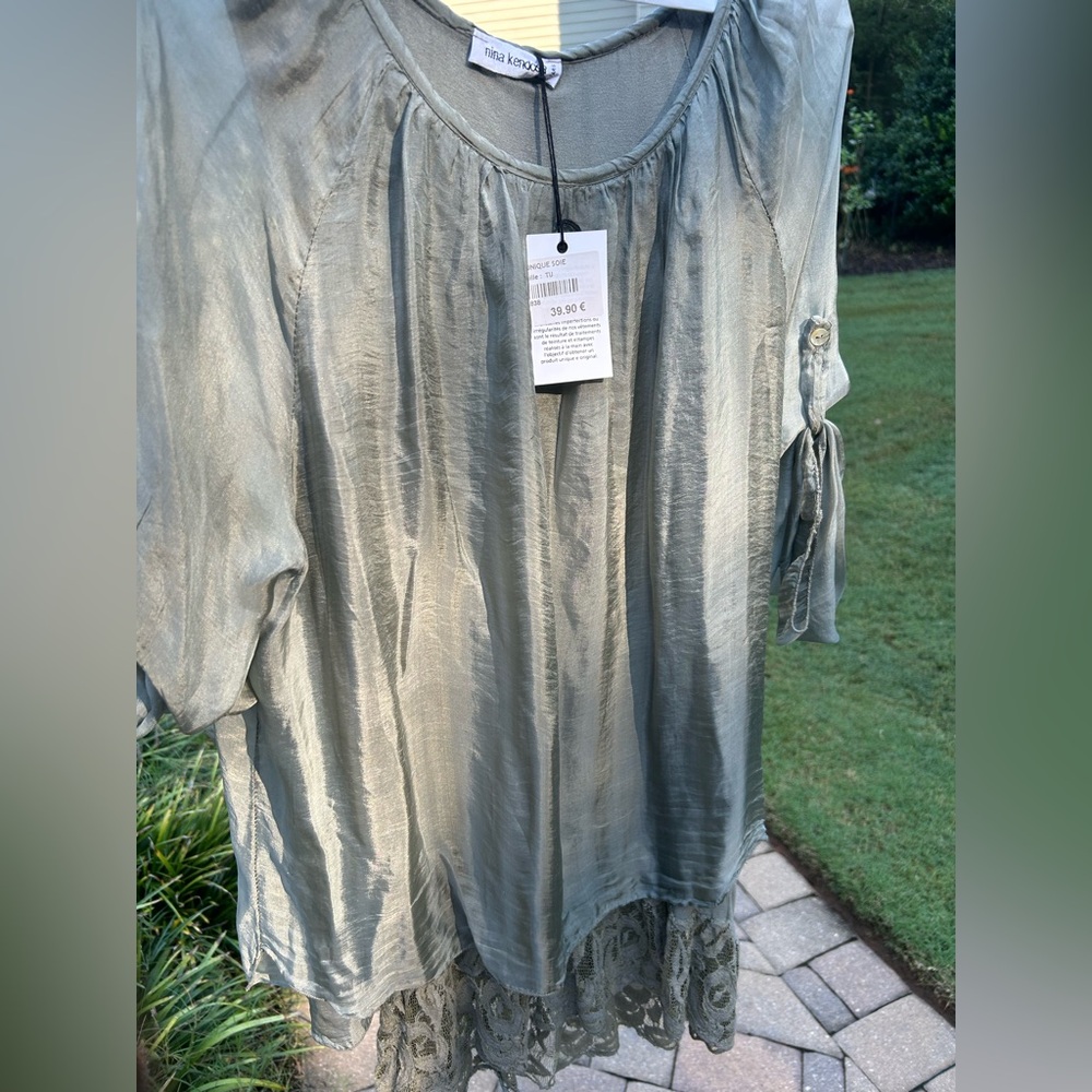 Nina Kendosa Silk Green Gray Blouse with Jersey ruffled Liner in size large NWT - Picture 11 of 16